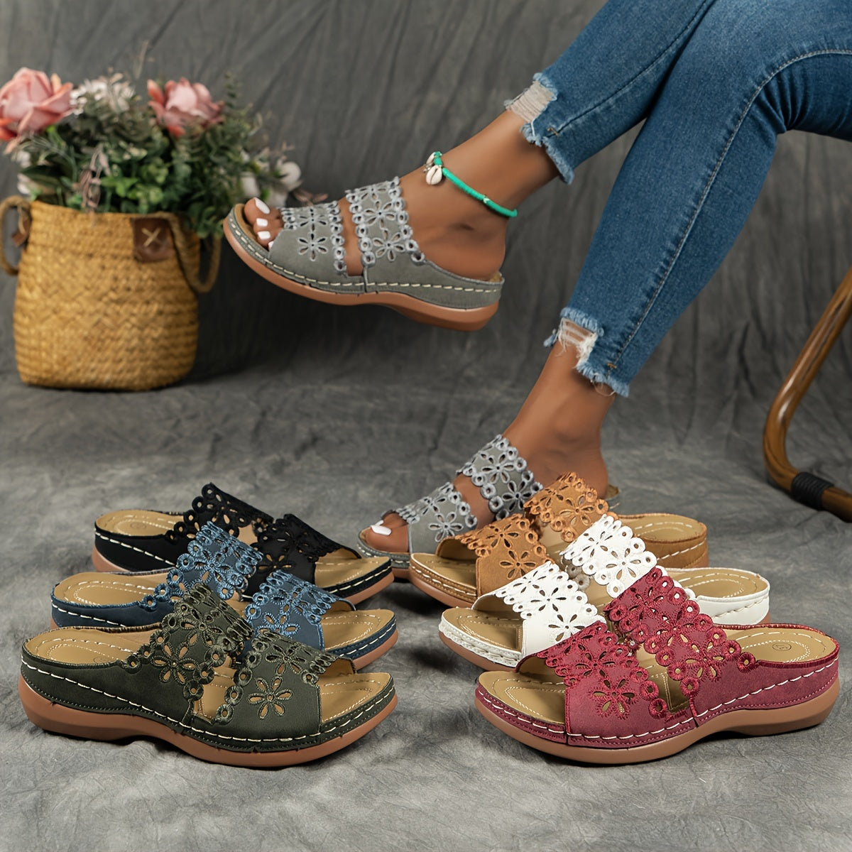 Women's Brown Synthetic Leather Slide Sandals - Open Toe, Floral Cut-Out Design, Soft TPU Sole, Comfortable Summer Footwear for Casual Wear, Stylish Outdoor Wear | Floral Cutout Sandals | Comfortable TPU Sole, Strappy Sandals